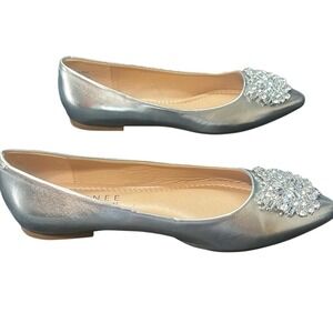 Journee Collection Renzo Silver Metallic Flats Rhinestone Jeweled Shoes Bling